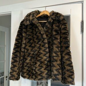 Tribal Faux Fur Coat Brown Black Zig Zag Chevron Striped Jacket Size S